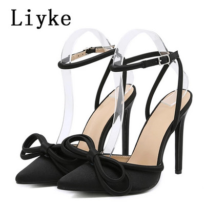 Liyke Ženske visoke pete za ljetnu zabavu za 2023., modne ružičaste stiletto sandale s mašnom, špicasti prsti Cipele s kopčom i remenom
