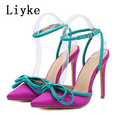 Liyke Ženske visoke pete za ljetnu zabavu za 2023., modne ružičaste stiletto sandale s mašnom, špicasti prsti Cipele s kopčom i remenom