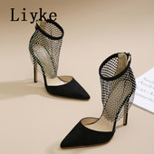 Liyke Pantofi de dans pentru femei sexy cu vârf ascuțit, cu fermoar, cu cureaua la gleznă, plasă de cristal, foarte ușor, confortabil, negru, cu tocuri înalte, pantofi Mărimea 35-42