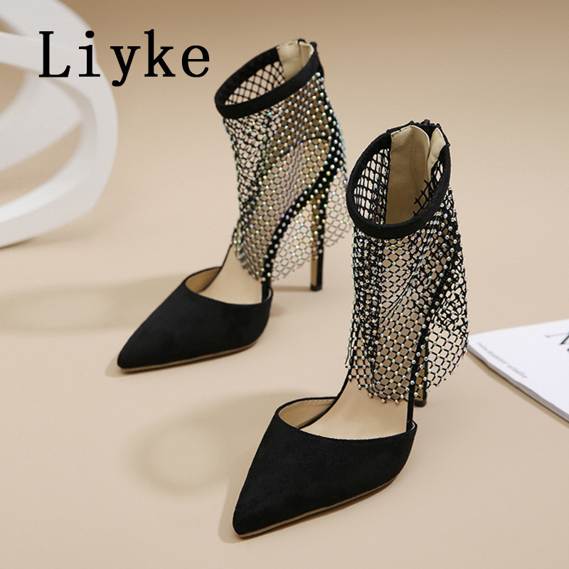 Liyke Pantofi de dans pentru femei sexy cu vârf ascuțit, cu fermoar, cu cureaua la gleznă, plasă de cristal, foarte ușor, confortabil, negru, cu tocuri înalte, pantofi Mărimea 35-42