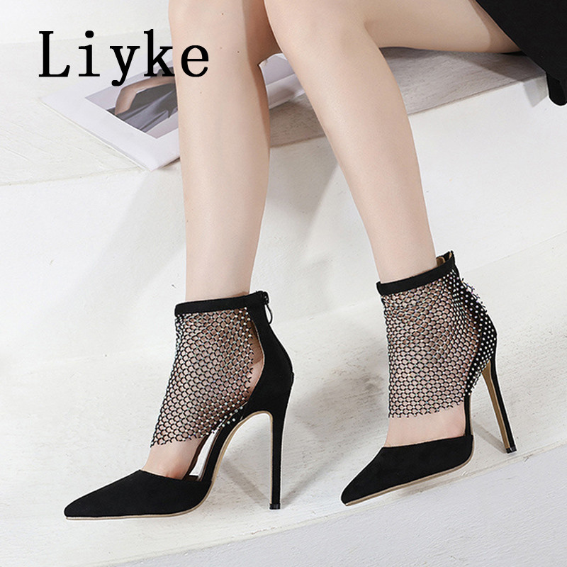 Liyke Pantofi de dans pentru femei sexy cu vârf ascuțit, cu fermoar, cu cureaua la gleznă, plasă de cristal, foarte ușor, confortabil, negru, cu tocuri înalte, pantofi Mărimea 35-42