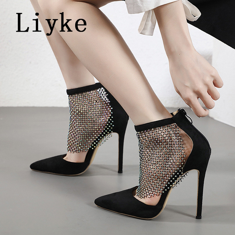Liyke Pantofi de dans pentru femei sexy cu vârf ascuțit, cu fermoar, cu cureaua la gleznă, plasă de cristal, foarte ușor, confortabil, negru, cu tocuri înalte, pantofi Mărimea 35-42