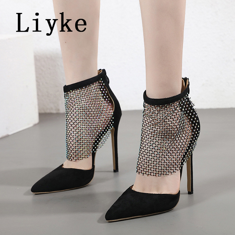 Liyke Pantofi de dans pentru femei sexy cu vârf ascuțit, cu fermoar, cu cureaua la gleznă, plasă de cristal, foarte ușor, confortabil, negru, cu tocuri înalte, pantofi Mărimea 35-42