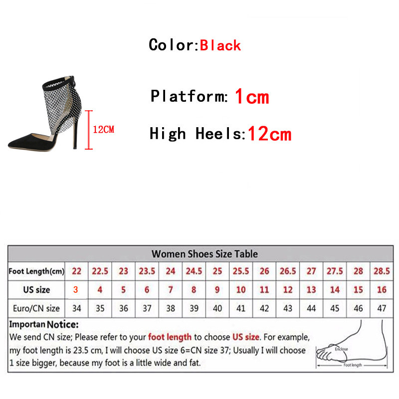 Liyke Pantofi de dans pentru femei sexy cu vârf ascuțit, cu fermoar, cu cureaua la gleznă, plasă de cristal, foarte ușor, confortabil, negru, cu tocuri înalte, pantofi Mărimea 35-42