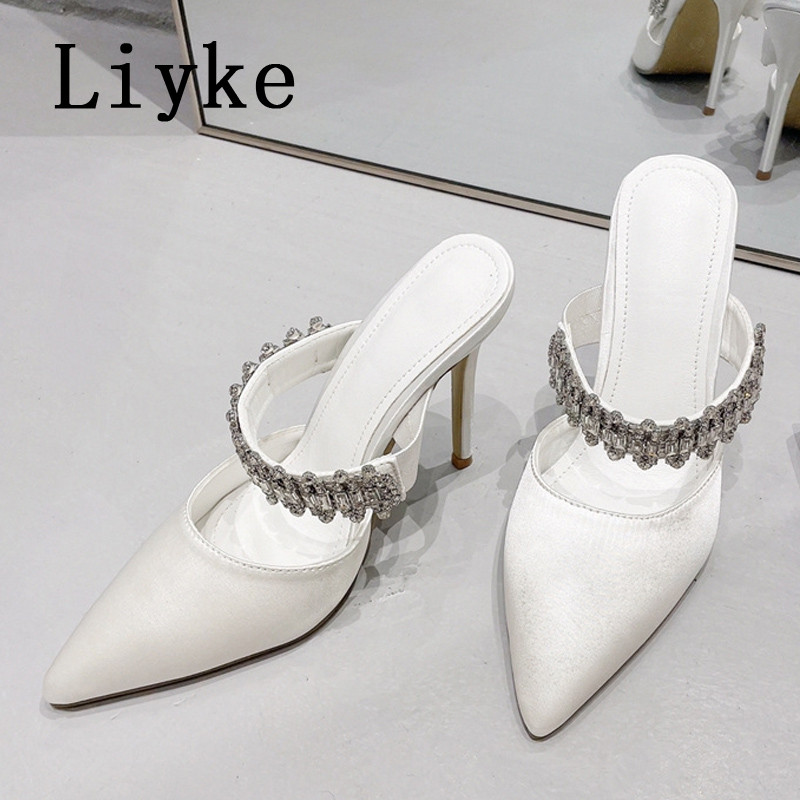 Liyke Seksi špicaste cipele s visokom potpeticom Mule papuče Modne kristalne naramenice Ženske čizme na natikače Cipele s natikačama Ljetne sandale