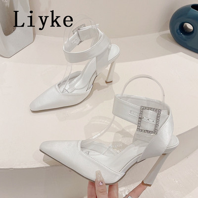 Liyke visokokvalitetne ženske crno-bijele štikle s kopčom od kamenčića, ugodne svilene cipele s četvrtastim prstima, sandale, ženske svečane haljine, cipele na stiletto