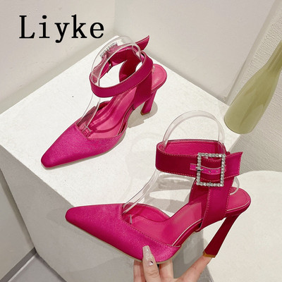 Liyke visokokvalitetne ženske crno-bijele štikle s kopčom od kamenčića, ugodne svilene cipele s četvrtastim prstima, sandale, ženske svečane haljine, cipele na stiletto