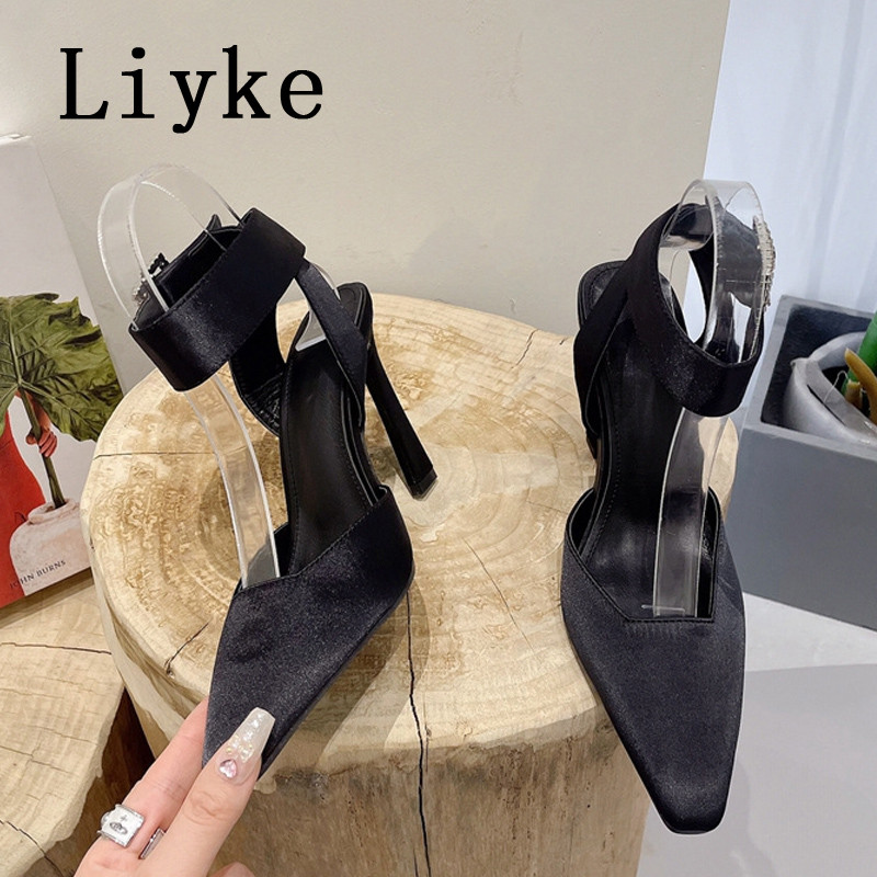 Liyke visokokvalitetne ženske crno-bijele štikle s kopčom od kamenčića, ugodne svilene cipele s četvrtastim prstima, sandale, ženske svečane haljine, cipele na stiletto
