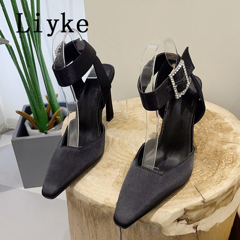 Liyke visokokvalitetne ženske crno-bijele štikle s kopčom od kamenčića, ugodne svilene cipele s četvrtastim prstima, sandale, ženske svečane haljine, cipele na stiletto