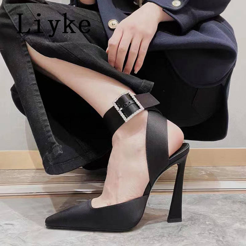 Liyke visokokvalitetne ženske crno-bijele štikle s kopčom od kamenčića, ugodne svilene cipele s četvrtastim prstima, sandale, ženske svečane haljine, cipele na stiletto