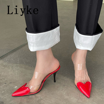 Liyke Секси обувки с остри пръсти, тънки обувки на висок ток, чехли, летни сандали, модни дамски обувки с приплъзващи се шарки във формата на сърце, червени