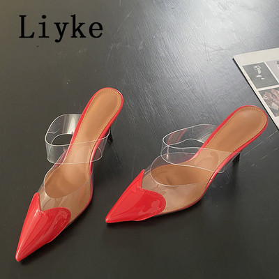 Liyke szexi hegyes orr vékony magassarkú öszvér papucs nyári szandál divatos szív alakú mintás felcsúsztatható pumpák női cipők piros