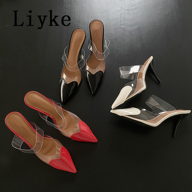 Liyke szexi hegyes orr vékony magassarkú öszvér papucs nyári szandál divatos szív alakú mintás felcsúsztatható pumpák női cipők piros