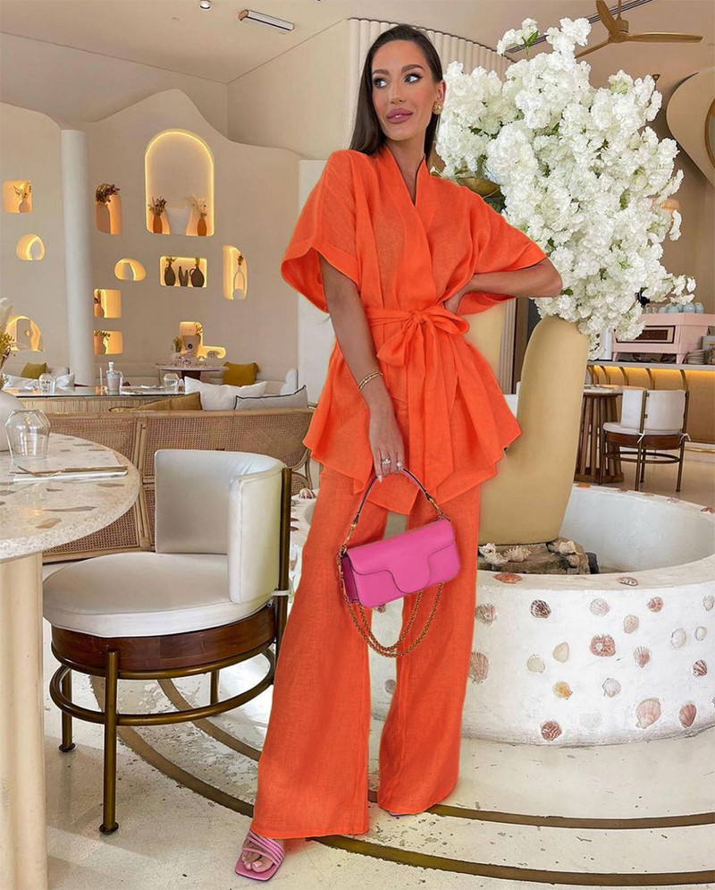 Zelene duge hlače Ležerni set od 2 komada, majice s polurukavima i hlače širokih nogavica Ženska ljetna ženska odjeća 2023.