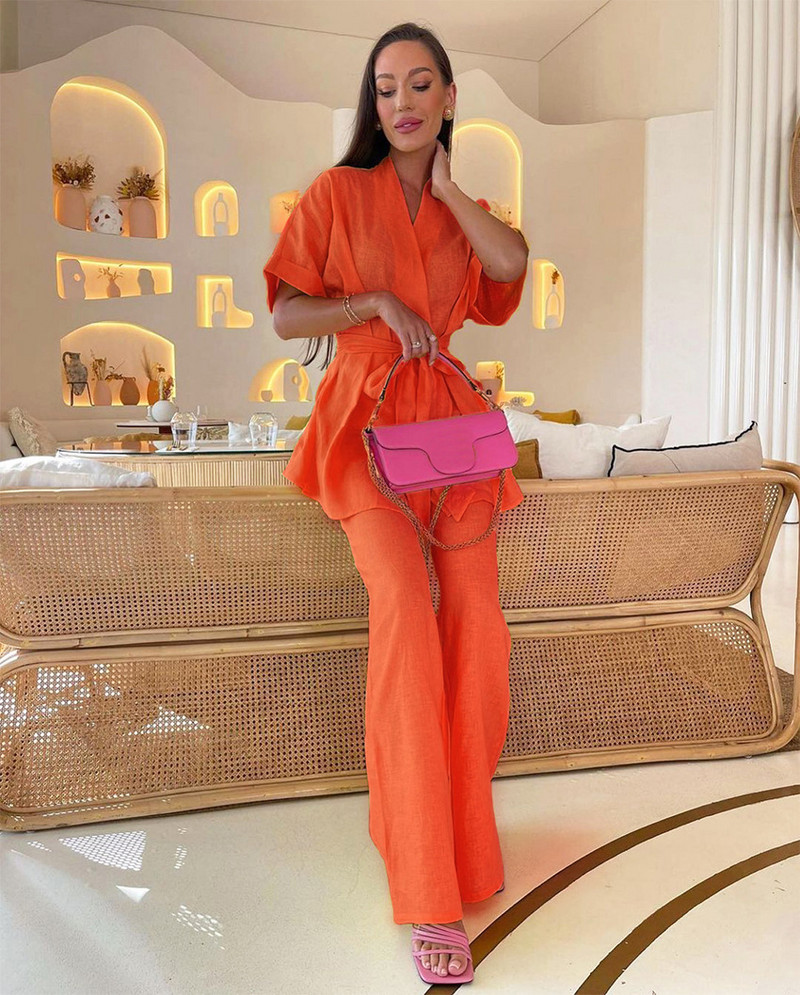 Zelene duge hlače Ležerni set od 2 komada, majice s polurukavima i hlače širokih nogavica Ženska ljetna ženska odjeća 2023.