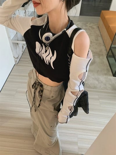 Kpop Fashion 2023 Tricou Crop Contrast Femei Y2K Tricou cu mânecă lungă de vară Harajuku Casual Streetwear Sexy Slim Crop Top