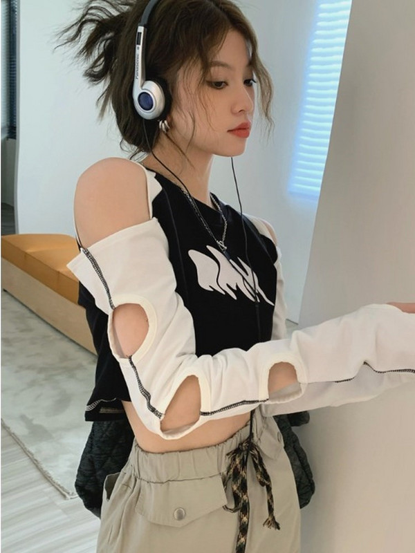 Kpop Fashion 2023 Tricou Crop Contrast Femei Y2K Tricou cu mânecă lungă de vară Harajuku Casual Streetwear Sexy Slim Crop Top
