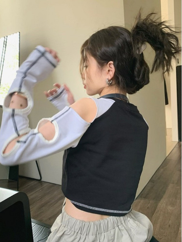 Kpop Fashion 2023 Tricou Crop Contrast Femei Y2K Tricou cu mânecă lungă de vară Harajuku Casual Streetwear Sexy Slim Crop Top