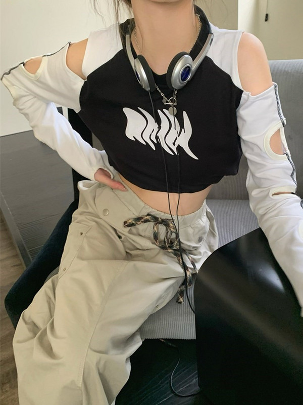 Kpop Fashion 2023 Tricou Crop Contrast Femei Y2K Tricou cu mânecă lungă de vară Harajuku Casual Streetwear Sexy Slim Crop Top