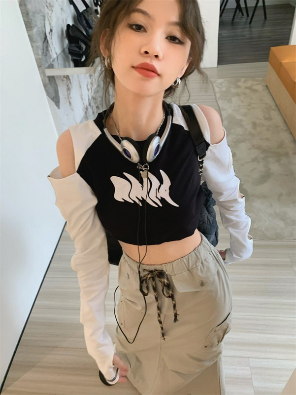 Kpop Fashion 2023 Tricou Crop Contrast Femei Y2K Tricou cu mânecă lungă de vară Harajuku Casual Streetwear Sexy Slim Crop Top