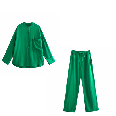 XEASY 2021. Novi ljetni ženski vintage dvodijelni komplet Zelena široka košulja s okruglim izrezom Elastični ležerni set hlača visokog struka Komplet hlača