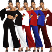 Salopete cu fermoar în spate, gât fără umeri, pentru femei, salopete sexy, fără spate, cu mâneci evazate, salopete elegante, pantaloni cu picioare largi, decupați