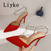 Liyke 2023, nou, sexy, cu vârf ascuțit, cu tocuri înalte roșii, pantofi pentru banchet de nuntă, pantofi cu lanț de cristal, cu cureaua la gleznă, sandale stiletto pentru femei, pantofi