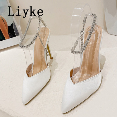 Liyke 2023, nou, sexy, cu vârf ascuțit, cu tocuri înalte roșii, pantofi pentru banchet de nuntă, pantofi cu lanț de cristal, cu cureaua la gleznă, sandale stiletto pentru femei, pantofi