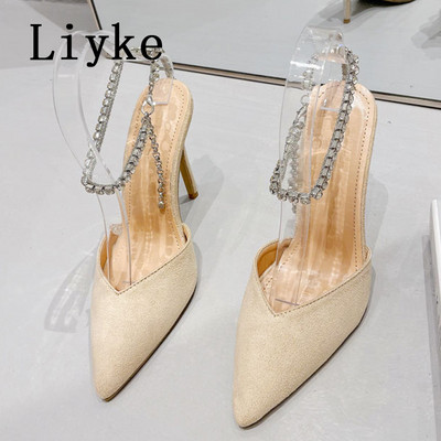 Liyke 2023, nou, sexy, cu vârf ascuțit, cu tocuri înalte roșii, pantofi pentru banchet de nuntă, pantofi cu lanț de cristal, cu cureaua la gleznă, sandale stiletto pentru femei, pantofi