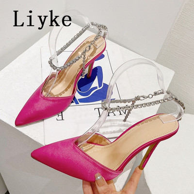 Liyke 2023, nou, sexy, cu vârf ascuțit, cu tocuri înalte roșii, pantofi pentru banchet de nuntă, pantofi cu lanț de cristal, cu cureaua la gleznă, sandale stiletto pentru femei, pantofi