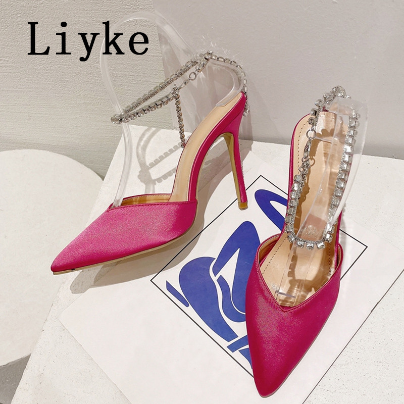 Liyke 2023, nou, sexy, cu vârf ascuțit, cu tocuri înalte roșii, pantofi pentru banchet de nuntă, pantofi cu lanț de cristal, cu cureaua la gleznă, sandale stiletto pentru femei, pantofi