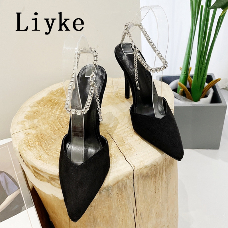 Liyke 2023, nou, sexy, cu vârf ascuțit, cu tocuri înalte roșii, pantofi pentru banchet de nuntă, pantofi cu lanț de cristal, cu cureaua la gleznă, sandale stiletto pentru femei, pantofi