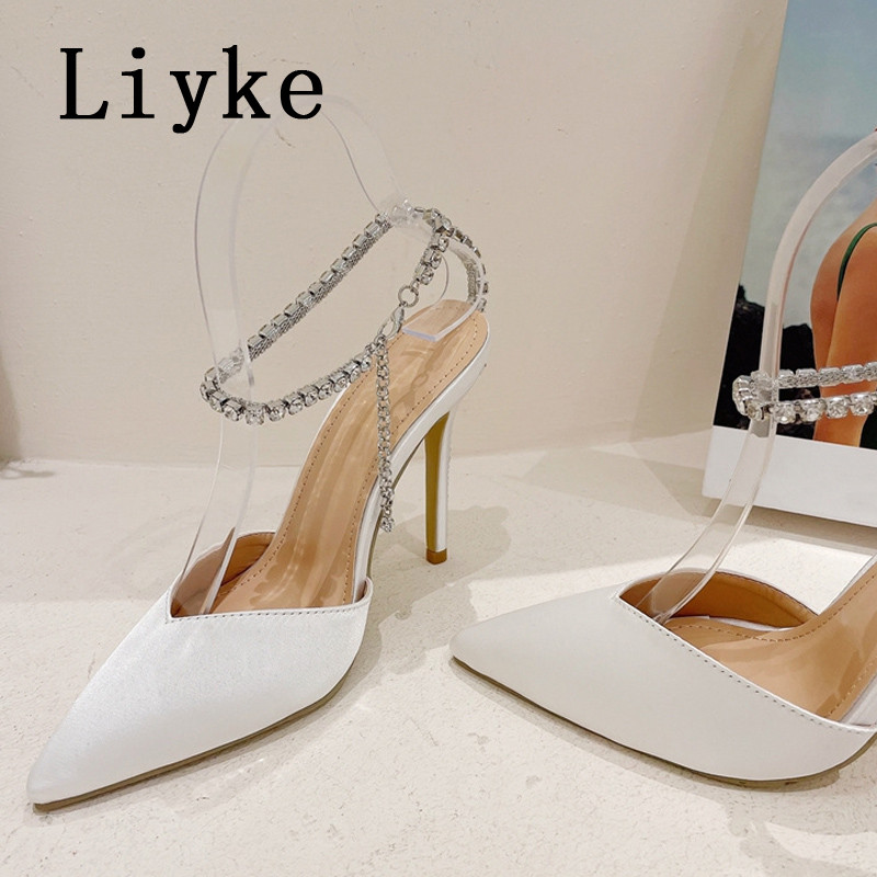 Liyke 2023, nou, sexy, cu vârf ascuțit, cu tocuri înalte roșii, pantofi pentru banchet de nuntă, pantofi cu lanț de cristal, cu cureaua la gleznă, sandale stiletto pentru femei, pantofi