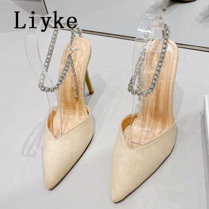 Liyke 2023, nou, sexy, cu vârf ascuțit, cu tocuri înalte roșii, pantofi pentru banchet de nuntă, pantofi cu lanț de cristal, cu cureaua la gleznă, sandale stiletto pentru femei, pantofi