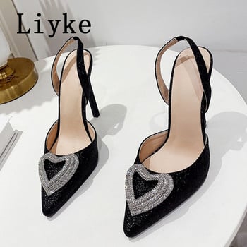 Liyke Нова мода Дизайнерски токчета със страз във формата на сърце Сватбени банкетни обувки Дамски помпи Златни сандали