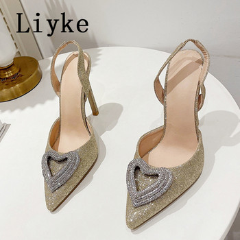 Liyke Нова мода Дизайнерски токчета със страз във формата на сърце Сватбени банкетни обувки Дамски помпи Златни сандали