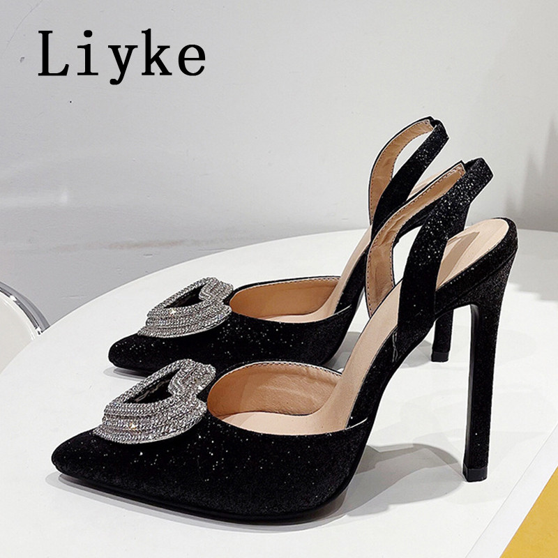 Liyke Nove modne dizajnerske štikle u obliku srca s kopčom i vještim dijamantom Cipele za vjenčanje i bankete Ženske cipele sa šljokicama od kristala Zlatne sandale