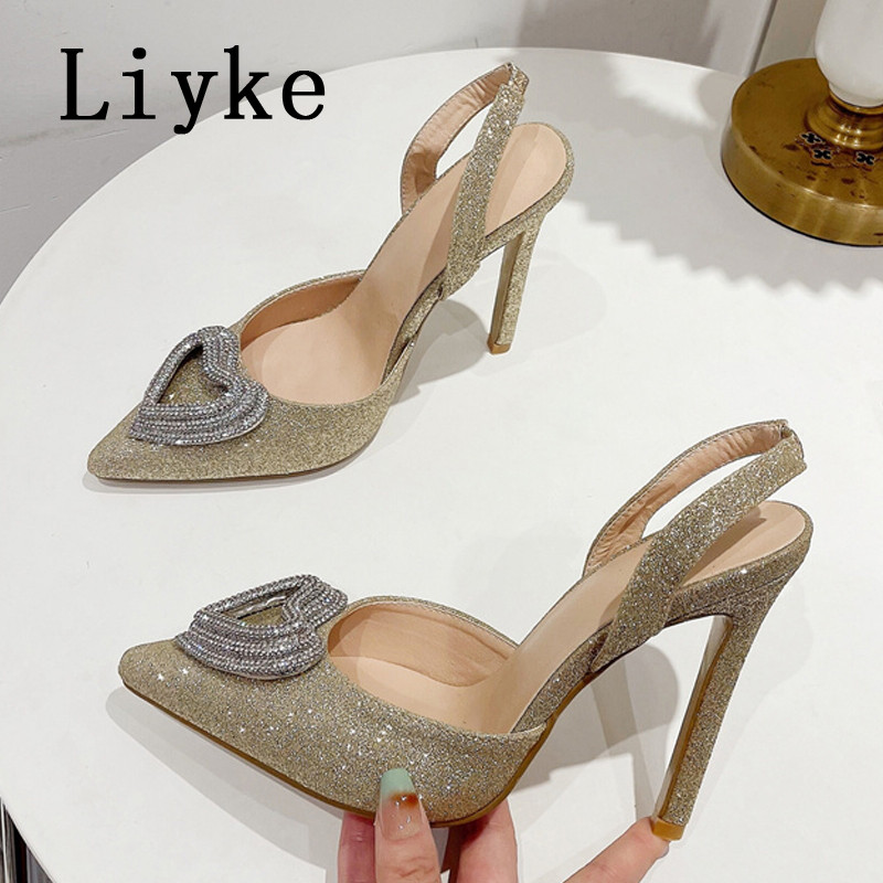 Liyke Nove modne dizajnerske štikle u obliku srca s kopčom i vještim dijamantom Cipele za vjenčanje i bankete Ženske cipele sa šljokicama od kristala Zlatne sandale