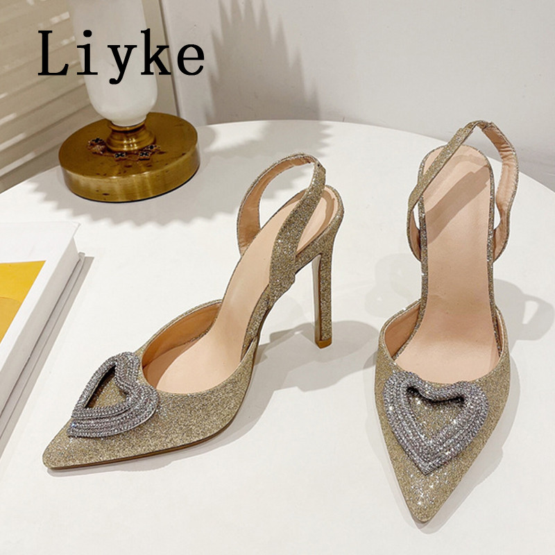 Liyke Nove modne dizajnerske štikle u obliku srca s kopčom i vještim dijamantom Cipele za vjenčanje i bankete Ženske cipele sa šljokicama od kristala Zlatne sandale