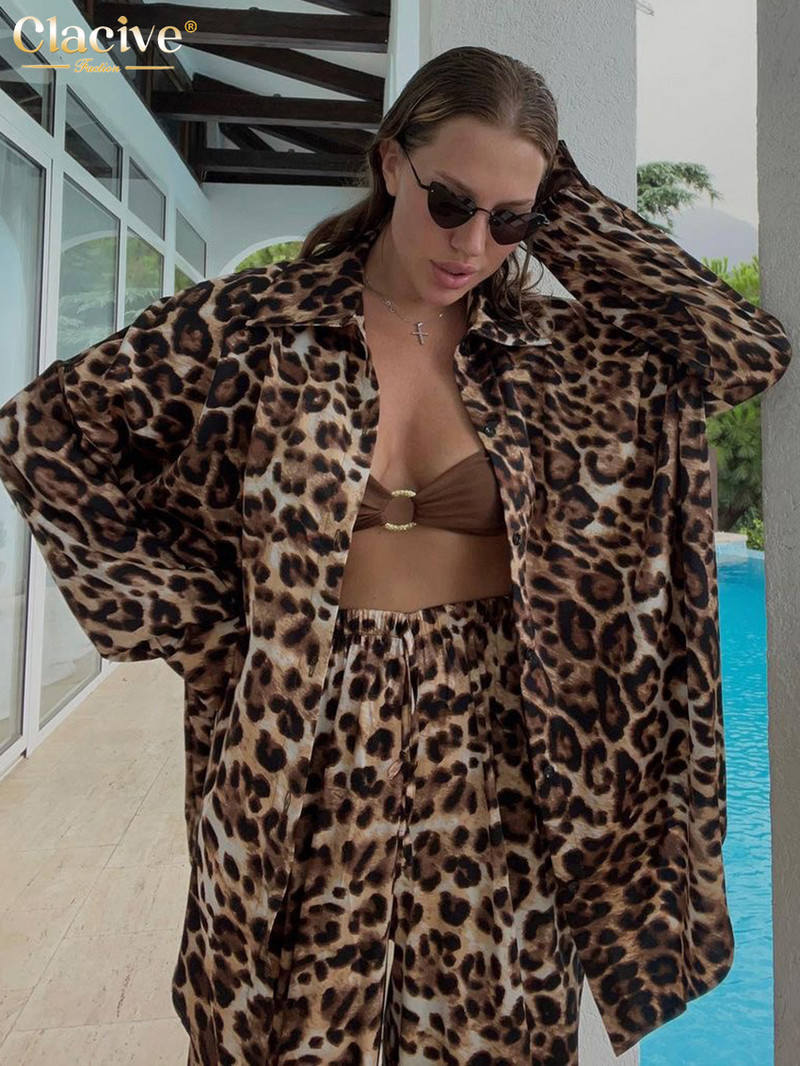 Dámske elegantné blúzky s dlhým rukávom a vysokým pásom s voľnou potlačou, dvojdielne outfity Clavice Fashion