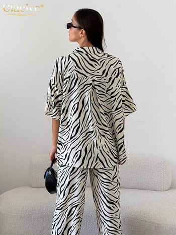 Clacive Summer Loose Zebra Print 2 Piece Sets Γυναικεία στολή 2023 Κομψά κοντομάνικα πουκάμισα που ταιριάζουν με ψηλόμεσο παντελόνι Γυναικείο