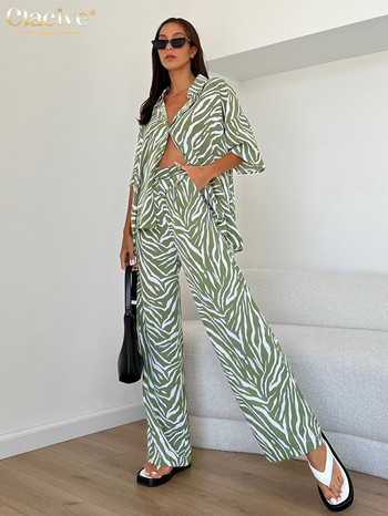 Clacive Summer Loose Zebra Print 2 Piece Sets Γυναικεία στολή 2023 Κομψά κοντομάνικα πουκάμισα που ταιριάζουν με ψηλόμεσο παντελόνι Γυναικείο