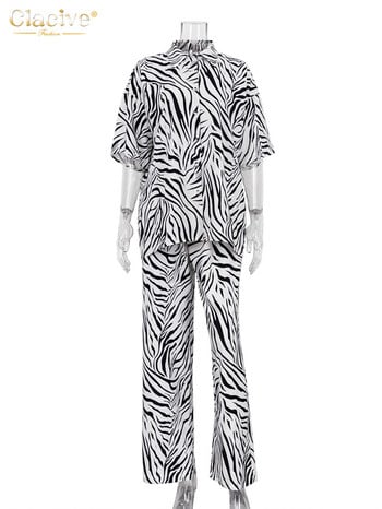 Clacive Summer Loose Zebra Print 2 Piece Sets Γυναικεία στολή 2023 Κομψά κοντομάνικα πουκάμισα που ταιριάζουν με ψηλόμεσο παντελόνι Γυναικείο