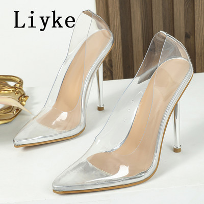 Liyke Dimensiune 35-42 Sexy vârf ascuțit Toc subțire Mules Pantofi Femeie PVC Transparente Pompe Femei Sandale Zapatos Mujer