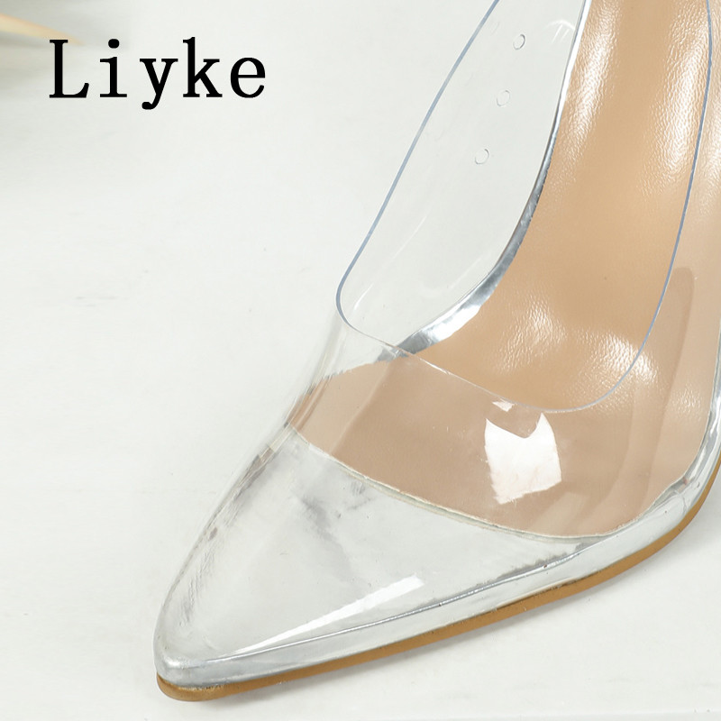 Liyke Dimensiune 35-42 Sexy vârf ascuțit Toc subțire Mules Pantofi Femeie PVC Transparente Pompe Femei Sandale Zapatos Mujer