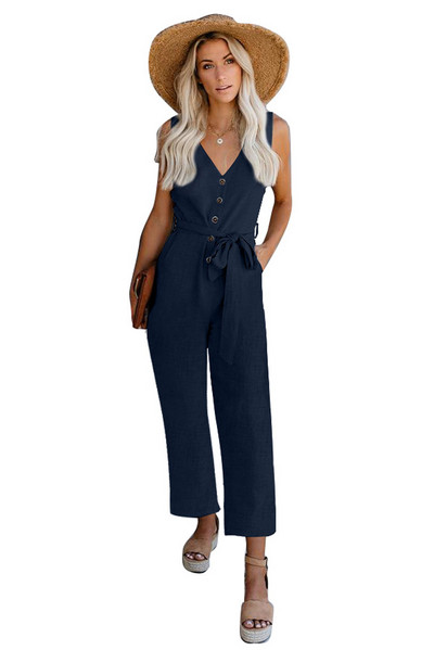 Salopetă verde cu decolteu în V, cu curea, cu nasturi, cu buzunare, pentru femei, sexy, cu decolteu în V, fără mâneci, picioare drepte.