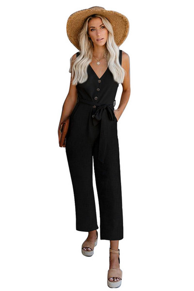 Salopetă verde cu decolteu în V, cu curea, cu nasturi, cu buzunare, pentru femei, sexy, cu decolteu în V, fără mâneci, picioare drepte.