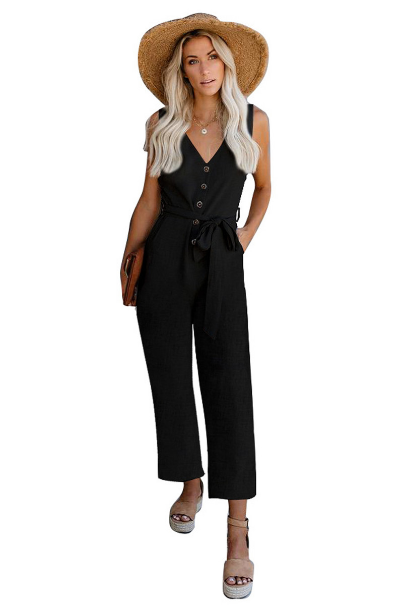 Salopetă verde cu decolteu în V, cu curea, cu nasturi, cu buzunare, pentru femei, sexy, cu decolteu în V, fără mâneci, picioare drepte.