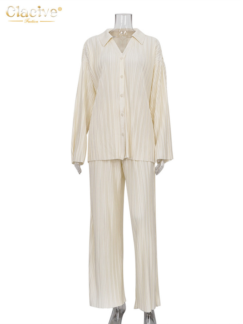 Dámske blúzky s dlhým rukávom Clacive, módne dvojdielne sety, ležérne voľné nohavice s rozparkom a širokými nohavicami, elegantné biele skladané dámske sety