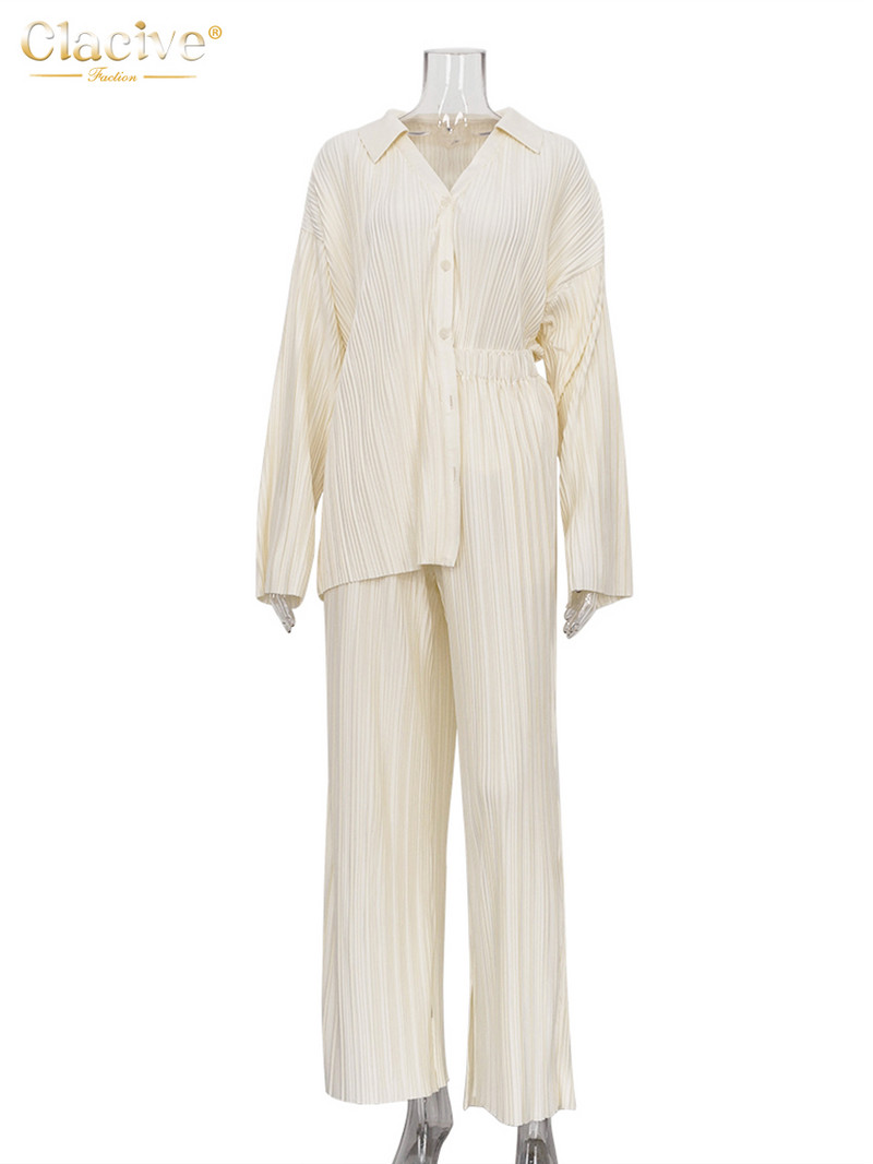 Dámske blúzky s dlhým rukávom Clacive, módne dvojdielne sety, ležérne voľné nohavice s rozparkom a širokými nohavicami, elegantné biele skladané dámske sety
